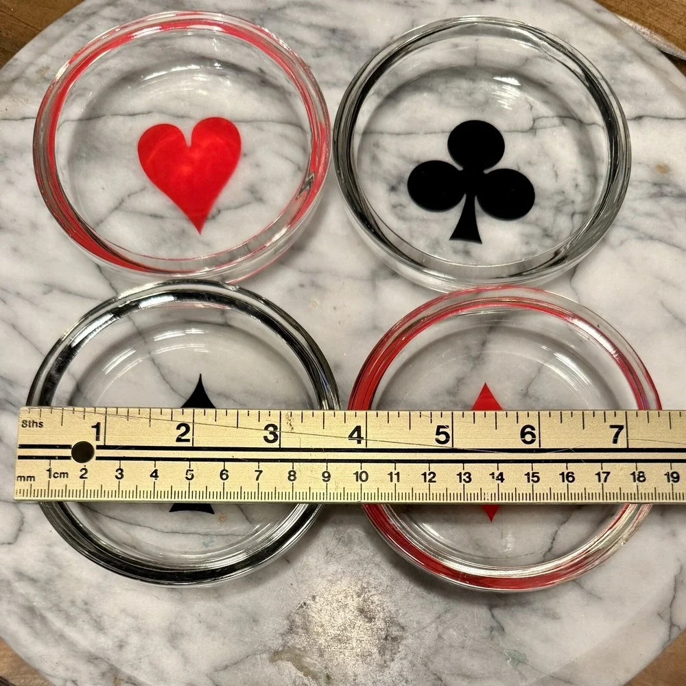 Vintage‎ SETof4 Cards Heart Diamond Club Spade Glass Coasters Poker MCM Nut Dish